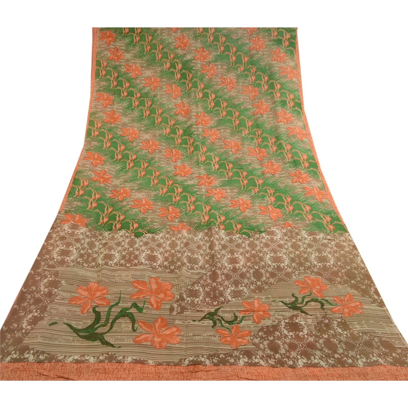 Sanskriti Vintage Green Printed Sarees Pure Georgette Silk Sari 5Yd Craft Fabric, PRG-10789-Green-Printed Floral Design-Pure Georgette Silk-8