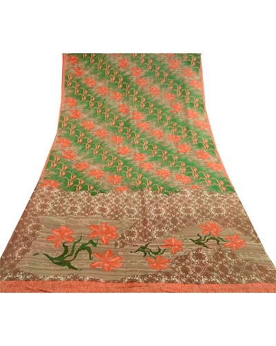 Sanskriti Vintage Green Printed Sarees Pure Georgette Silk Sari 5Yd Craft Fabric, PRG-10789-Green-Printed Floral Design-Pure Georgette Silk-8