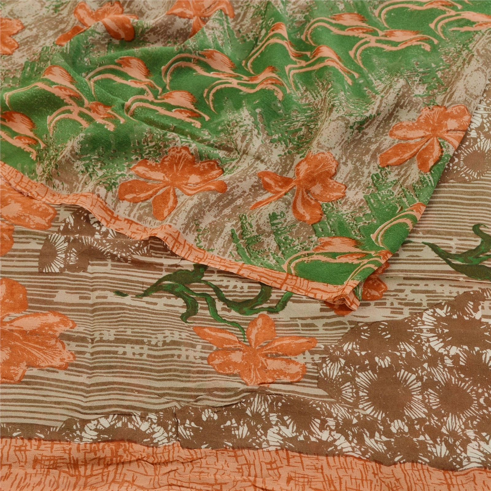 Sanskriti Vintage Green Printed Sarees Pure Georgette Silk Sari 5Yd Craft Fabric, PRG-10789-Green-Printed Floral Design-Pure Georgette Silk-9