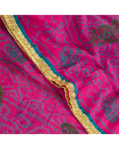 Sanskriti Vintage Pink Bandhani Sarees Pure Georgette Silk Sari 5Yd Craft Fabric, PRG-10815-Pink-Printed Floral Design-Pure Georgette Silk-1