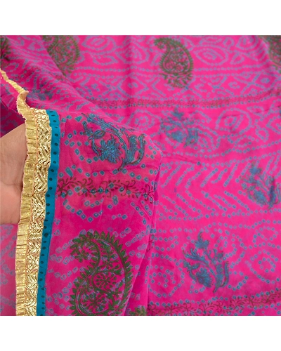 Sanskriti Vintage Pink Bandhani Sarees Pure Georgette Silk Sari 5Yd Craft Fabric, PRG-10815-Pink-Printed Floral Design-Pure Georgette Silk-4