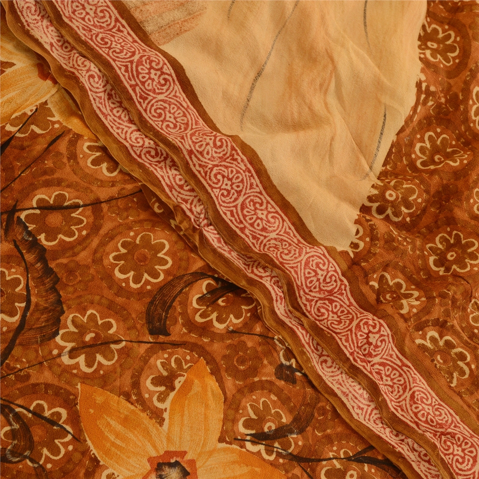 Sanskriti Vintage Brown Sarees Pure Georgette Silk Printed Sari 5Yd Craft Fabric, PRG-10820-Brown-Printed Floral Design-Pure Georgette Silk-1