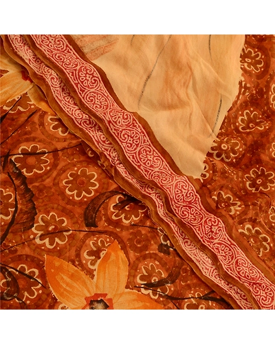 Sanskriti Vintage Brown Sarees Pure Georgette Silk Printed Sari 5Yd Craft Fabric, PRG-10820-Brown-Printed Floral Design-Pure Georgette Silk-1