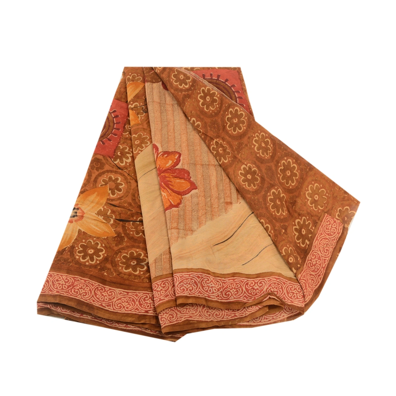 Sanskriti Vintage Brown Sarees Pure Georgette Silk Printed Sari 5Yd Craft Fabric, PRG-10820-Brown-Printed Floral Design-Pure Georgette Silk-2