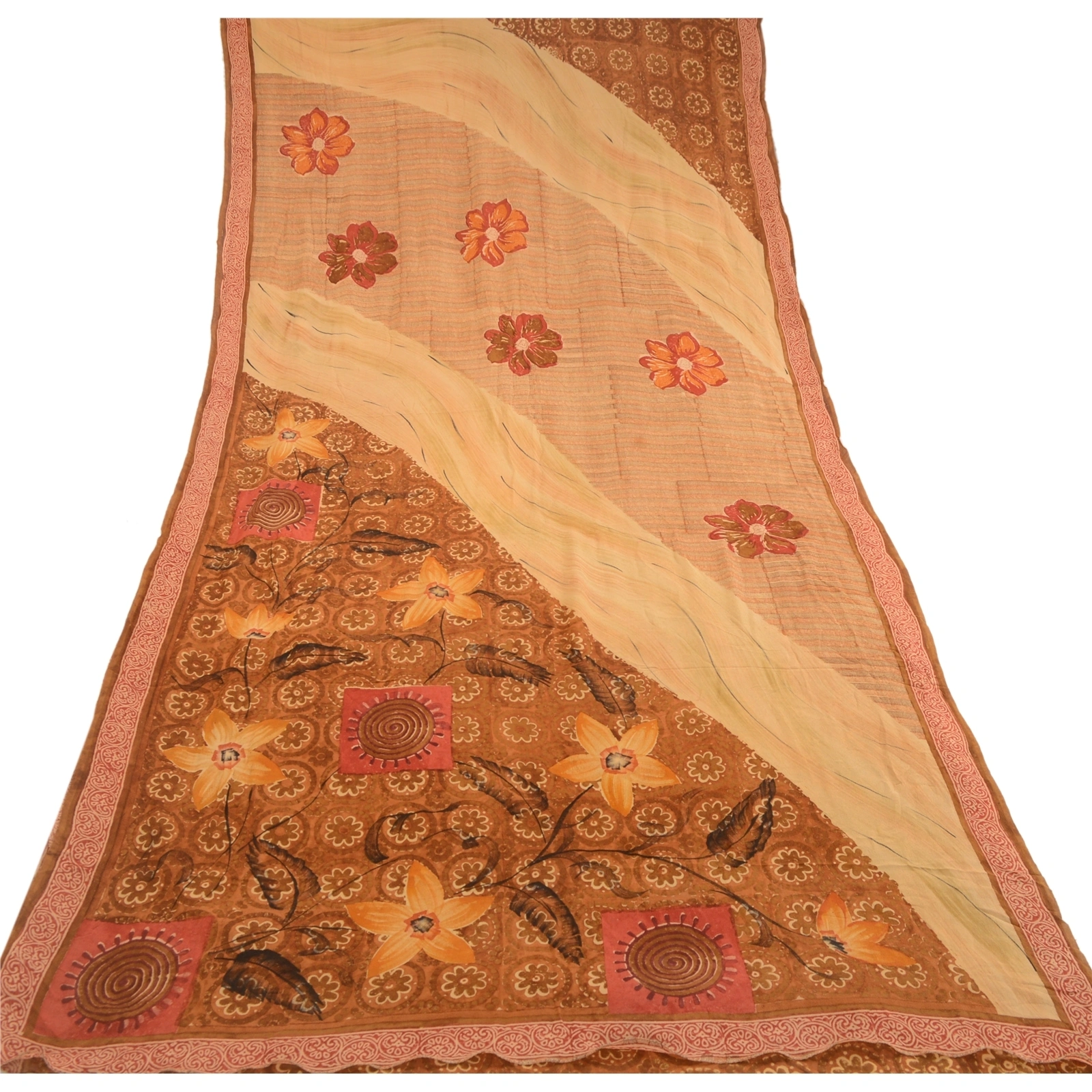 Sanskriti Vintage Brown Sarees Pure Georgette Silk Printed Sari 5Yd Craft Fabric, PRG-10820-Brown-Printed Floral Design-Pure Georgette Silk-8