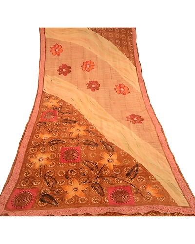 Sanskriti Vintage Brown Sarees Pure Georgette Silk Printed Sari 5Yd Craft Fabric, PRG-10820-Brown-Printed Floral Design-Pure Georgette Silk-8