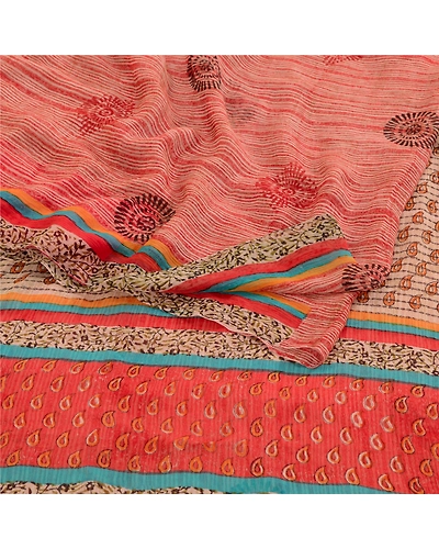 Sanskriti Vintage Red Indian Sarees Pure Chiffon Silk Sari 5Yd Soft Craft Fabric, PRG-10822-Red-Printed Floral Design-Pure Chiffon Silk-7