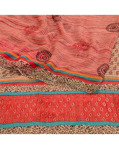 Sanskriti Vintage Red Indian Sarees Pure Chiffon Silk Sari 5Yd Soft Craft Fabric, PRG-10822-Red-Printed Floral Design-Pure Chiffon Silk-9