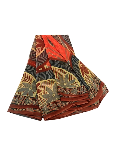 Sanskriti Vintage Orange Sarees Blend Georgette Printed Sari 5Yd Craft Fabric, PRG-10826-Orange-Printed Floral Design-Blend Georgette-2