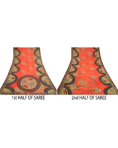 Sanskriti Vintage Orange Sarees Blend Georgette Printed Sari 5Yd Craft Fabric, PRG-10826-Orange-Printed Floral Design-Blend Georgette-5