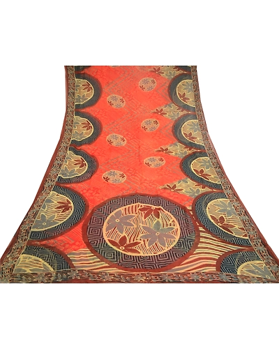 Sanskriti Vintage Orange Sarees Blend Georgette Printed Sari 5Yd Craft Fabric, PRG-10826-Orange-Printed Floral Design-Blend Georgette-8