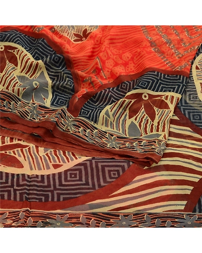 Sanskriti Vintage Orange Sarees Blend Georgette Printed Sari 5Yd Craft Fabric, PRG-10826-Orange-Printed Floral Design-Blend Georgette-9