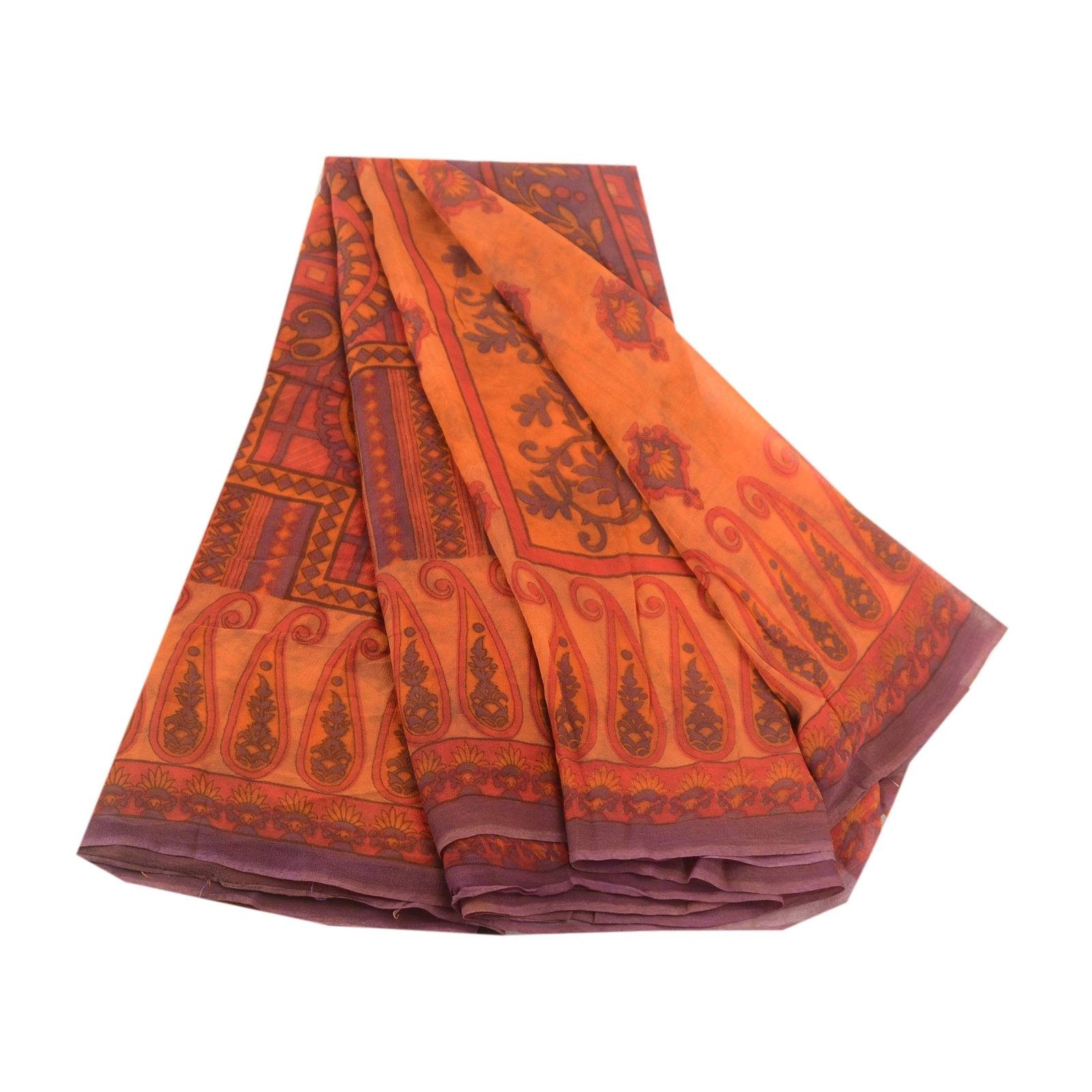 Sanskriti Vintage Orange Sarees Pure Georgette Silk Printed Sari Craft Fabric, PRG-10830-Orange-Printed Floral Design-Pure Georgette Silk-2