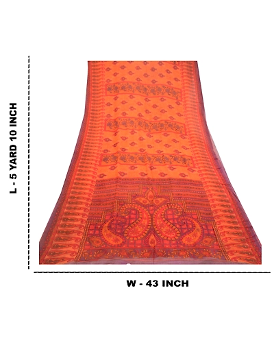 Sanskriti Vintage Orange Sarees Pure Georgette Silk Printed Sari Craft Fabric, PRG-10830-Orange-Printed Floral Design-Pure Georgette Silk-3