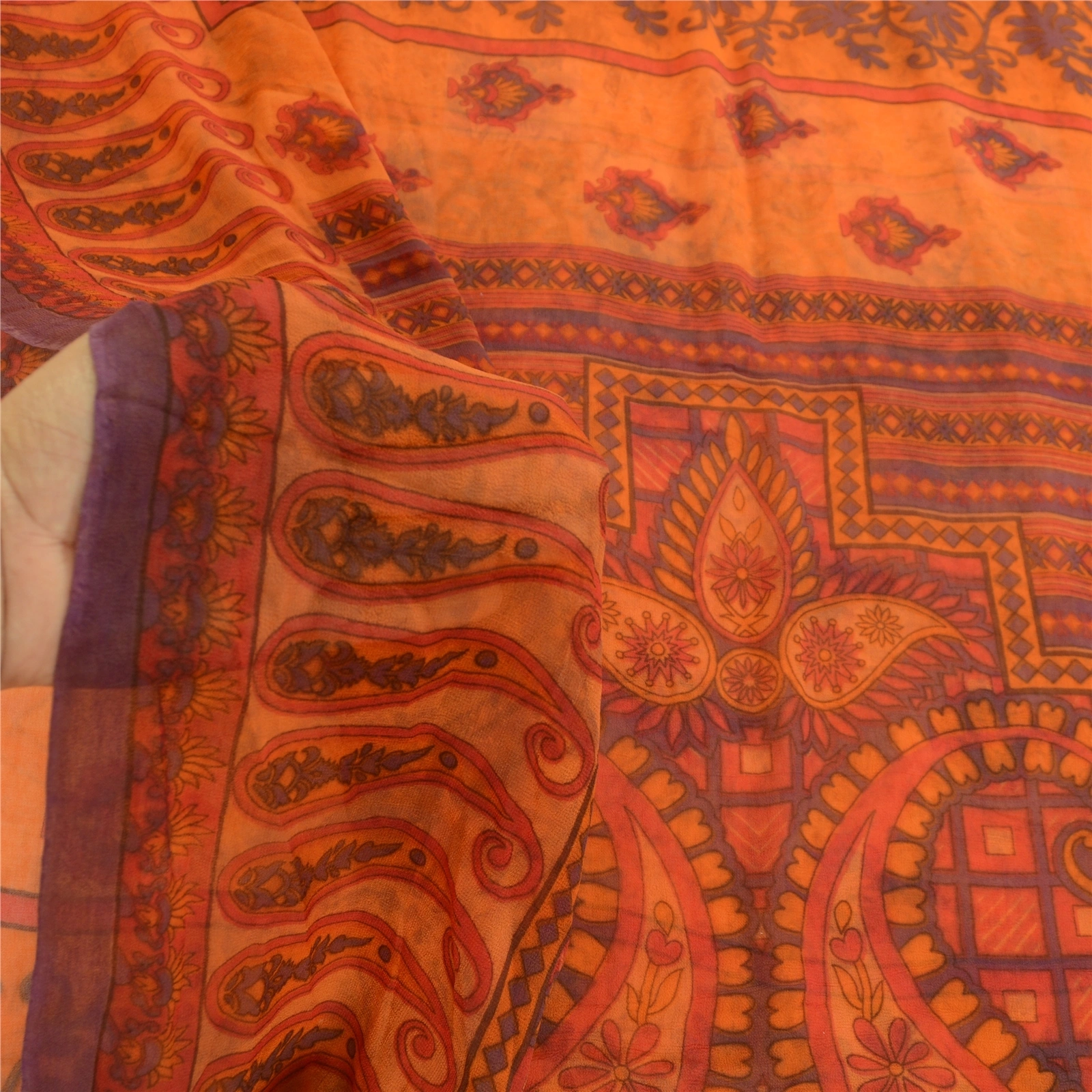 Sanskriti Vintage Orange Sarees Pure Georgette Silk Printed Sari Craft Fabric, PRG-10830-Orange-Printed Floral Design-Pure Georgette Silk-4