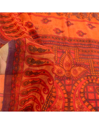 Sanskriti Vintage Orange Sarees Pure Georgette Silk Printed Sari Craft Fabric, PRG-10830-Orange-Printed Floral Design-Pure Georgette Silk-4