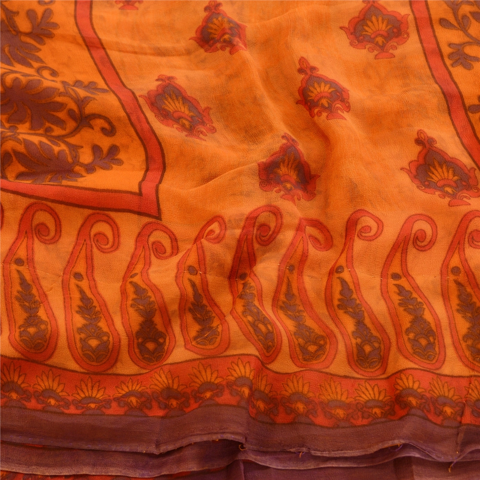 Sanskriti Vintage Orange Sarees Pure Georgette Silk Printed Sari Craft Fabric, PRG-10830-Orange-Printed Floral Design-Pure Georgette Silk-6