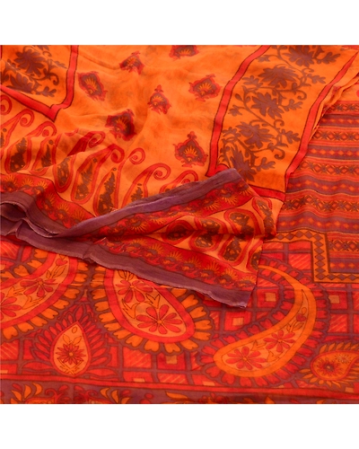 Sanskriti Vintage Orange Sarees Pure Georgette Silk Printed Sari Craft Fabric, PRG-10830-Orange-Printed Floral Design-Pure Georgette Silk-7