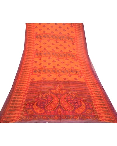 Sanskriti Vintage Orange Sarees Pure Georgette Silk Printed Sari Craft Fabric, PRG-10830-Orange-Printed Floral Design-Pure Georgette Silk-8