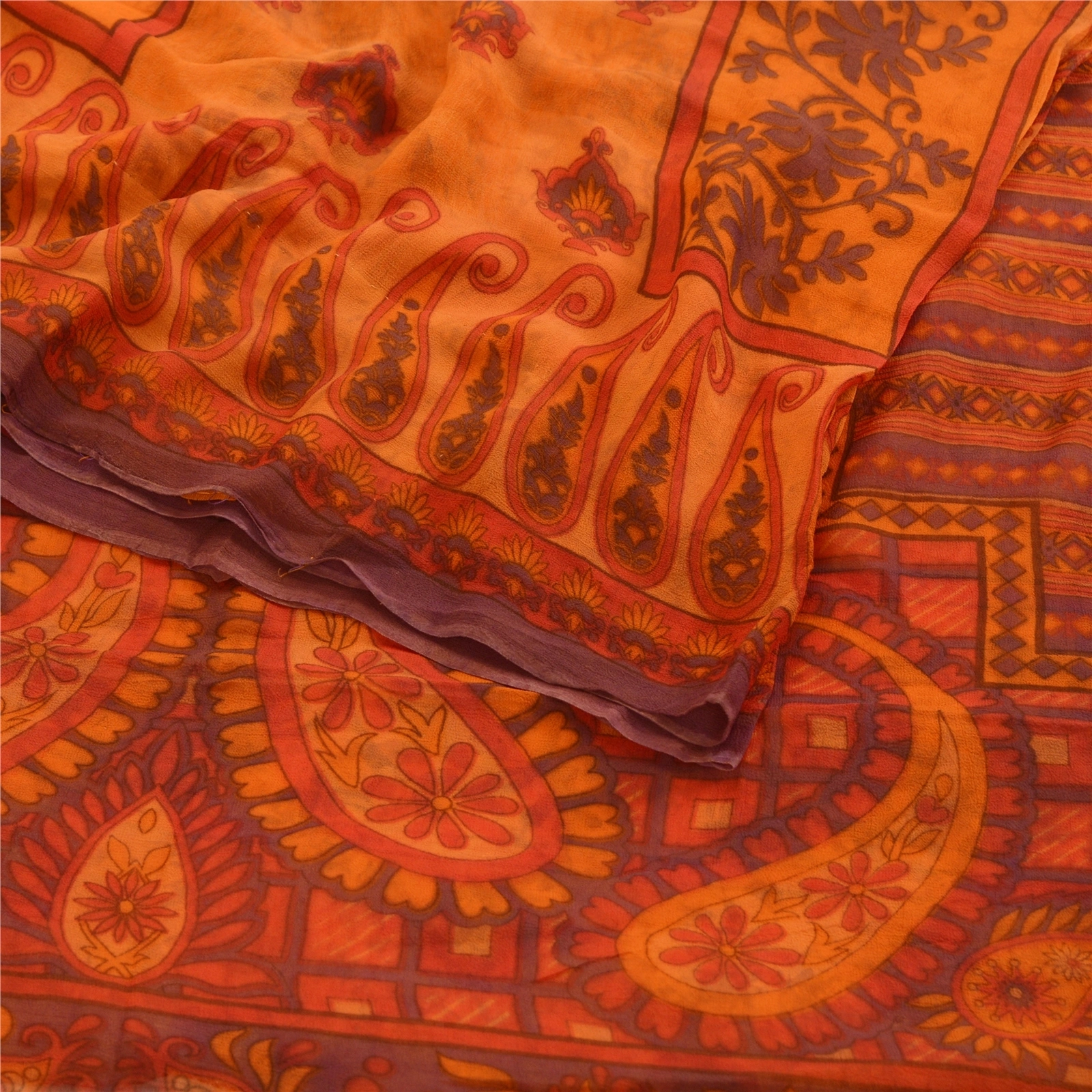 Sanskriti Vintage Orange Sarees Pure Georgette Silk Printed Sari Craft Fabric, PRG-10830-Orange-Printed Floral Design-Pure Georgette Silk-9