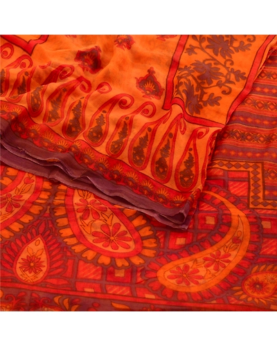 Sanskriti Vintage Orange Sarees Pure Georgette Silk Printed Sari Craft Fabric, PRG-10830-Orange-Printed Floral Design-Pure Georgette Silk-9