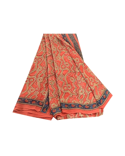 Sanskriti Vintage Dark-Peach Sarees Pure Georgette Silk Print Sari Craft Fabric, PRG-10832-Dark Peach-Printed Floral Design-Pure Georgette Silk-2