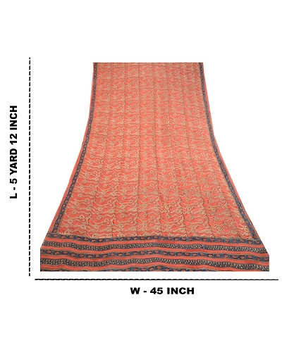 Sanskriti Vintage Dark-Peach Sarees Pure Georgette Silk Print Sari Craft Fabric, PRG-10832-Dark Peach-Printed Floral Design-Pure Georgette Silk-3
