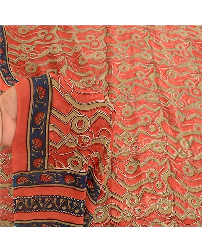 Sanskriti Vintage Dark-Peach Sarees Pure Georgette Silk Print Sari Craft Fabric, PRG-10832-Dark Peach-Printed Floral Design-Pure Georgette Silk-4