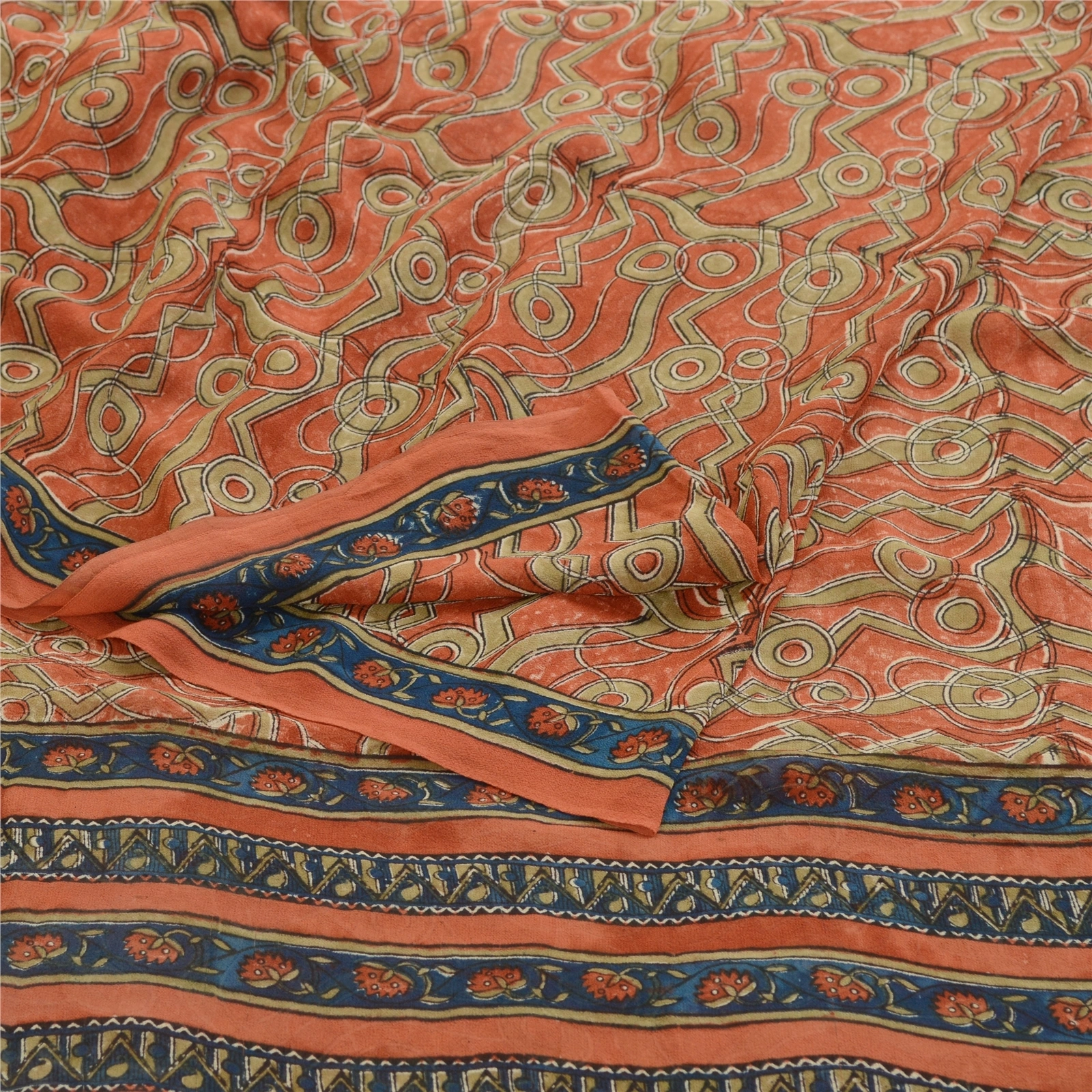 Sanskriti Vintage Dark-Peach Sarees Pure Georgette Silk Print Sari Craft Fabric, PRG-10832-Dark Peach-Printed Floral Design-Pure Georgette Silk-7