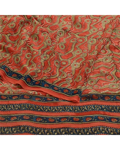 Sanskriti Vintage Dark-Peach Sarees Pure Georgette Silk Print Sari Craft Fabric, PRG-10832-Dark Peach-Printed Floral Design-Pure Georgette Silk-9