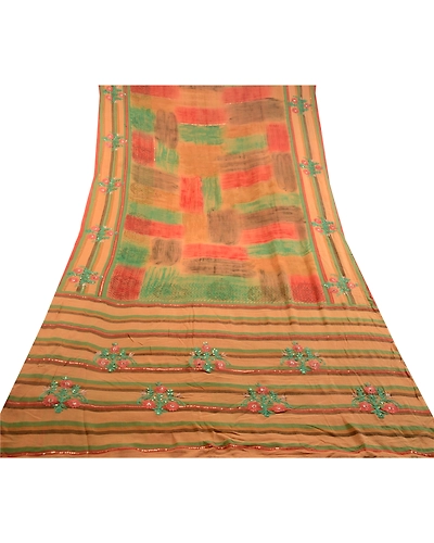 Sanskriti Vintage Multi Hand Beaded Ari Pure Georgette Silk Sarees Sari Fabric, PRG-10839-Multi-Printed Floral Design-Pure Georgette Silk-8
