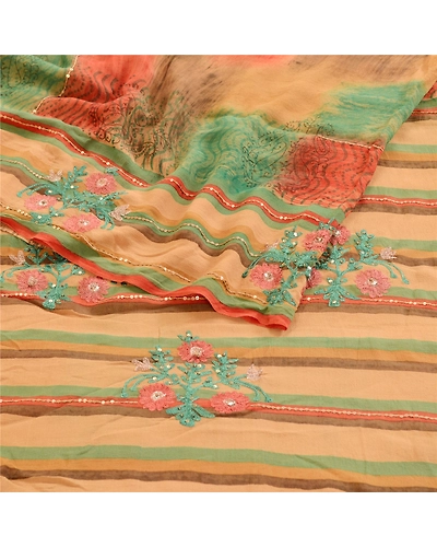 Sanskriti Vintage Multi Hand Beaded Ari Pure Georgette Silk Sarees Sari Fabric, PRG-10839-Multi-Printed Floral Design-Pure Georgette Silk-9