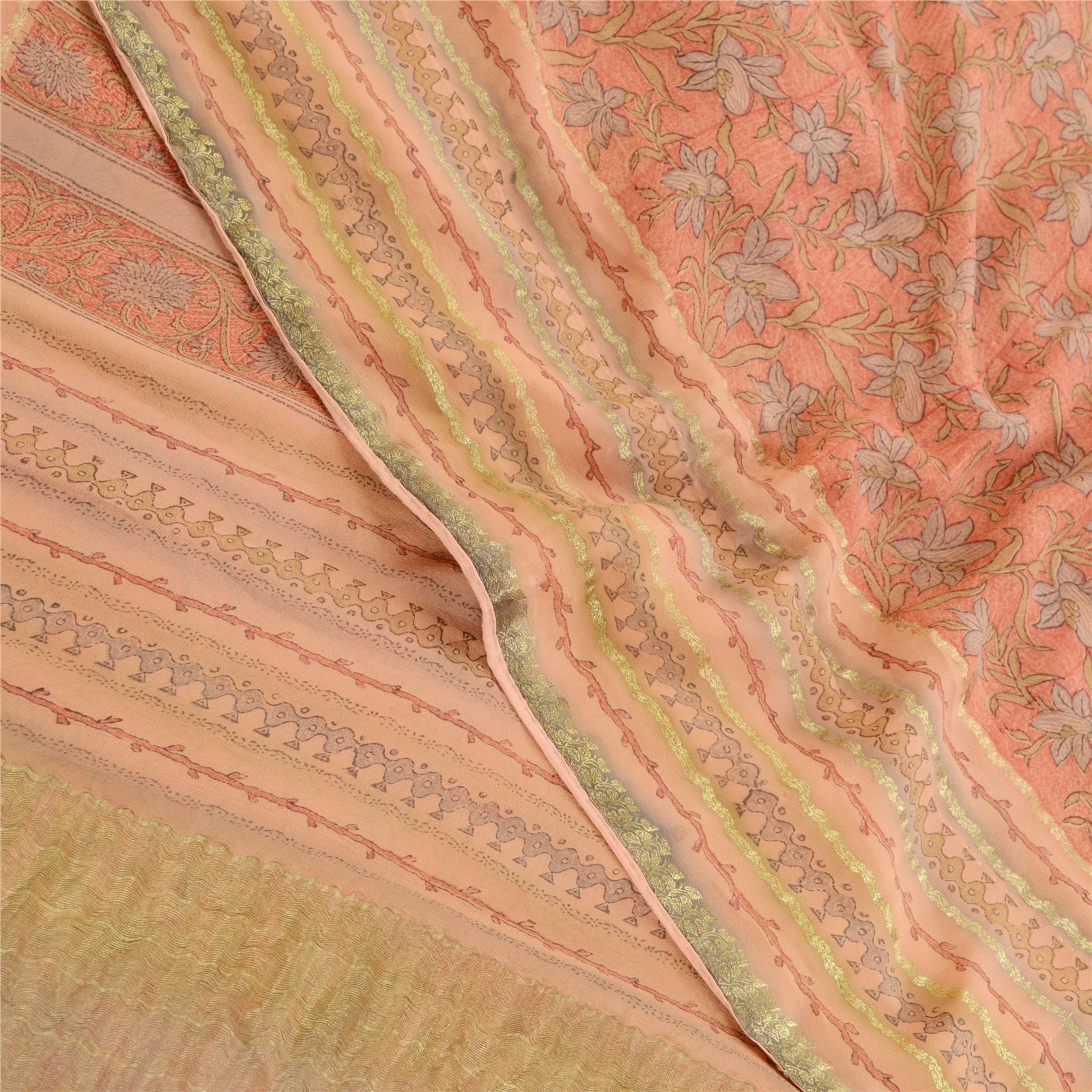 Sanskriti Vintage Peach Sarees Pure Georgette Silk Zari Border Sari Craft Fabric, PRG-10850-Peach-Printed Floral Design-Pure Georgette Silk-1