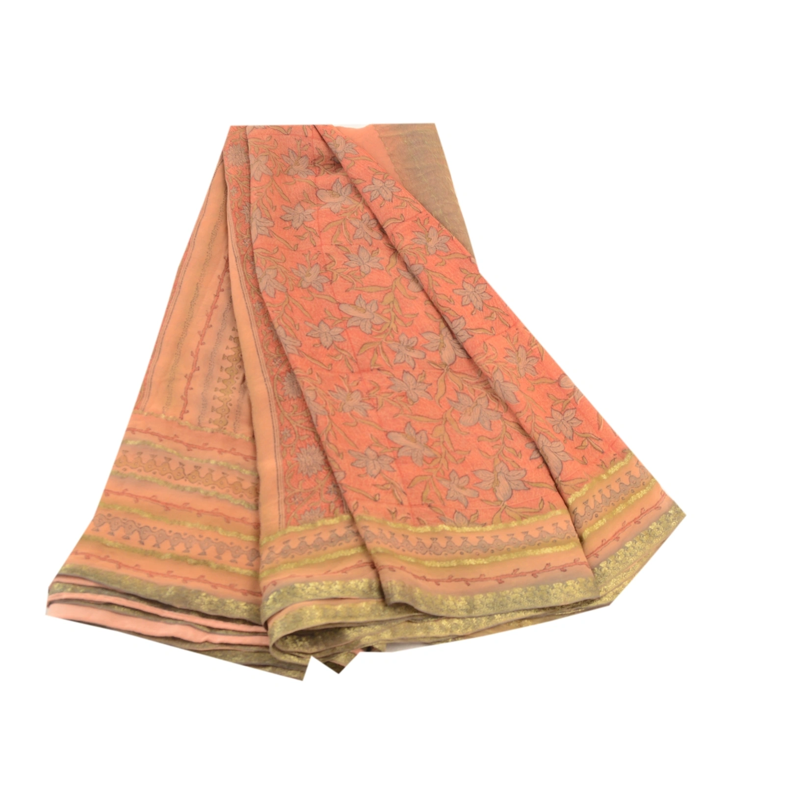 Sanskriti Vintage Peach Sarees Pure Georgette Silk Zari Border Sari Craft Fabric, PRG-10850-Peach-Printed Floral Design-Pure Georgette Silk-2