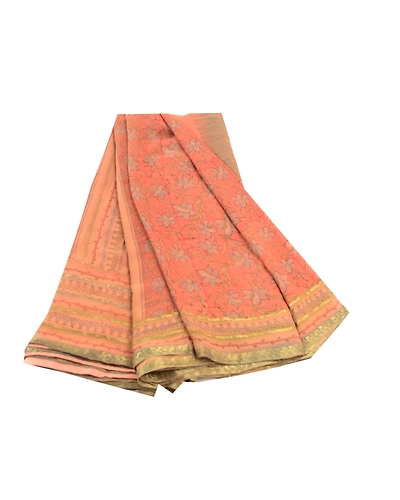Sanskriti Vintage Peach Sarees Pure Georgette Silk Zari Border Sari Craft Fabric, PRG-10850-Peach-Printed Floral Design-Pure Georgette Silk-2