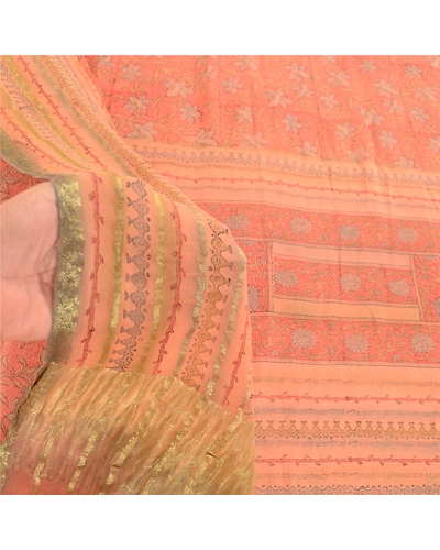 Sanskriti Vintage Peach Sarees Pure Georgette Silk Zari Border Sari Craft Fabric, PRG-10850-Peach-Printed Floral Design-Pure Georgette Silk-4