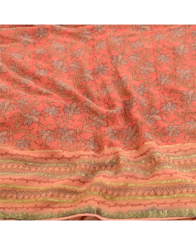 Sanskriti Vintage Peach Sarees Pure Georgette Silk Zari Border Sari Craft Fabric, PRG-10850-Peach-Printed Floral Design-Pure Georgette Silk-6