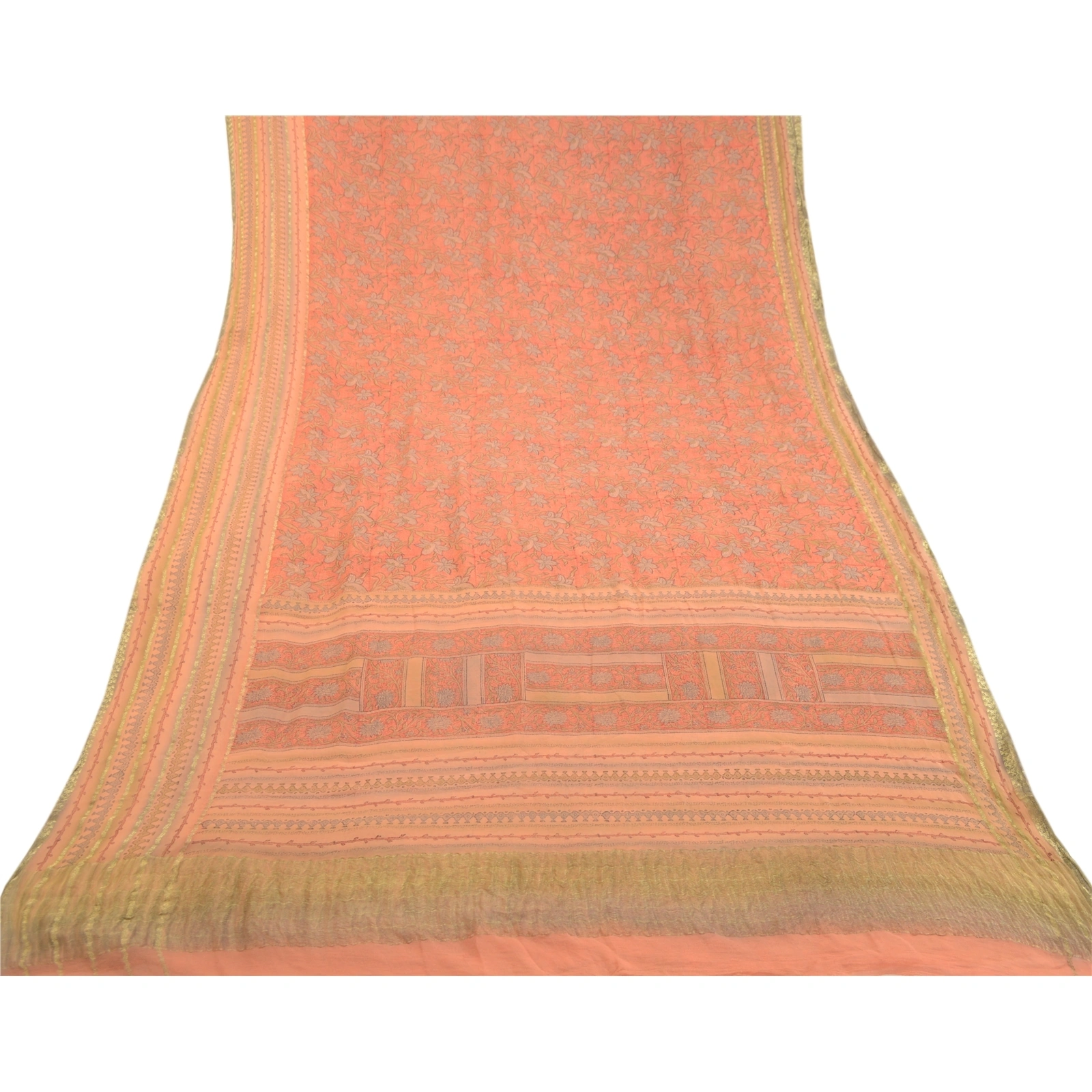 Sanskriti Vintage Peach Sarees Pure Georgette Silk Zari Border Sari Craft Fabric, PRG-10850-Peach-Printed Floral Design-Pure Georgette Silk-8