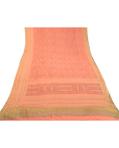 Sanskriti Vintage Peach Sarees Pure Georgette Silk Zari Border Sari Craft Fabric, PRG-10850-Peach-Printed Floral Design-Pure Georgette Silk-8