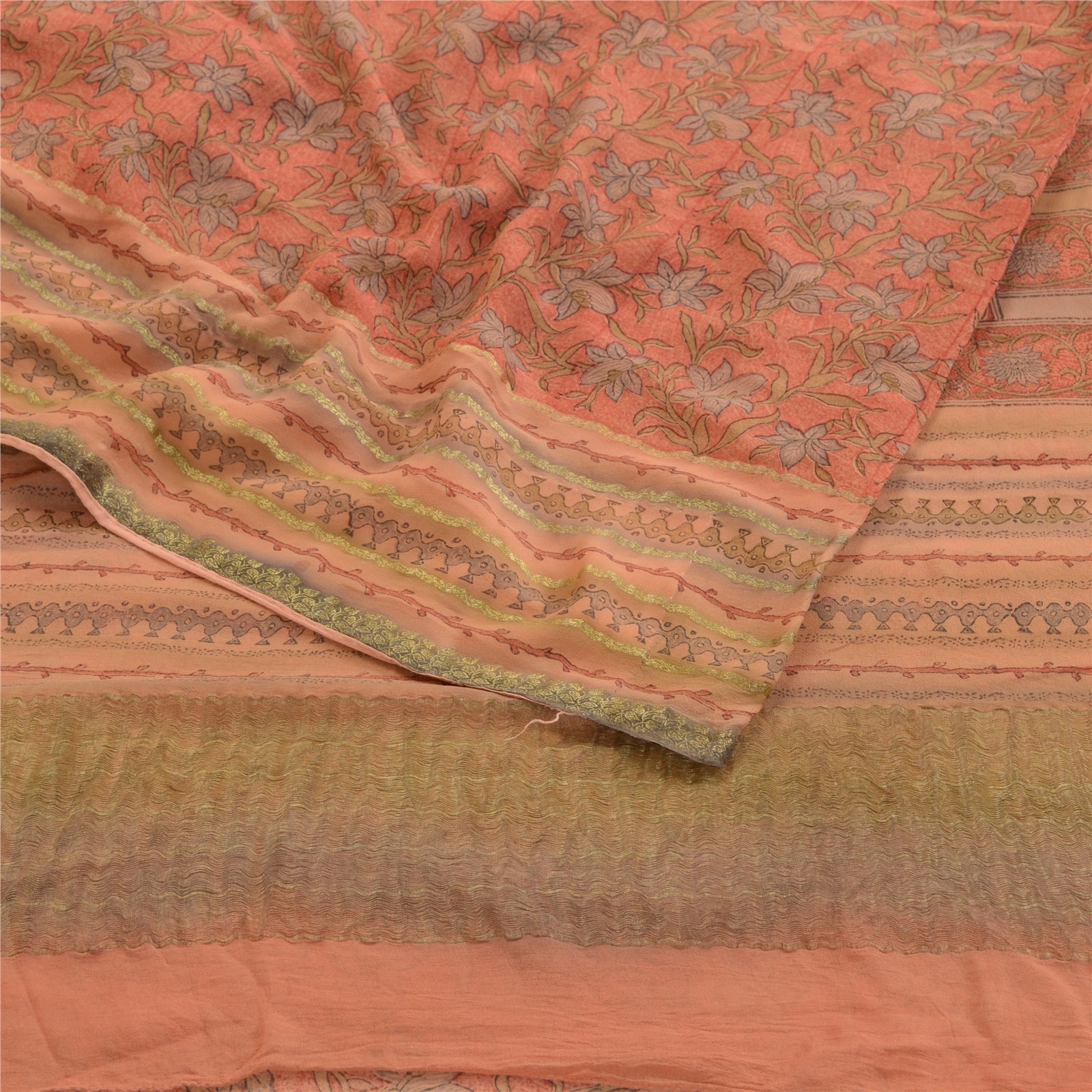 Sanskriti Vintage Peach Sarees Pure Georgette Silk Zari Border Sari Craft Fabric, PRG-10850-Peach-Printed Floral Design-Pure Georgette Silk-9