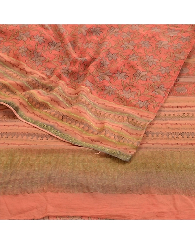 Sanskriti Vintage Peach Sarees Pure Georgette Silk Zari Border Sari Craft Fabric, PRG-10850-Peach-Printed Floral Design-Pure Georgette Silk-9