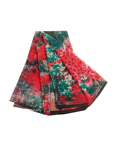 Sanskriti Vintage Red Tie-Dye Sarees Pure Georgette Silk Sari 5Yd Craft Fabric, PRG-10851-Red-Printed Floral Design-Pure Georgette Silk-2