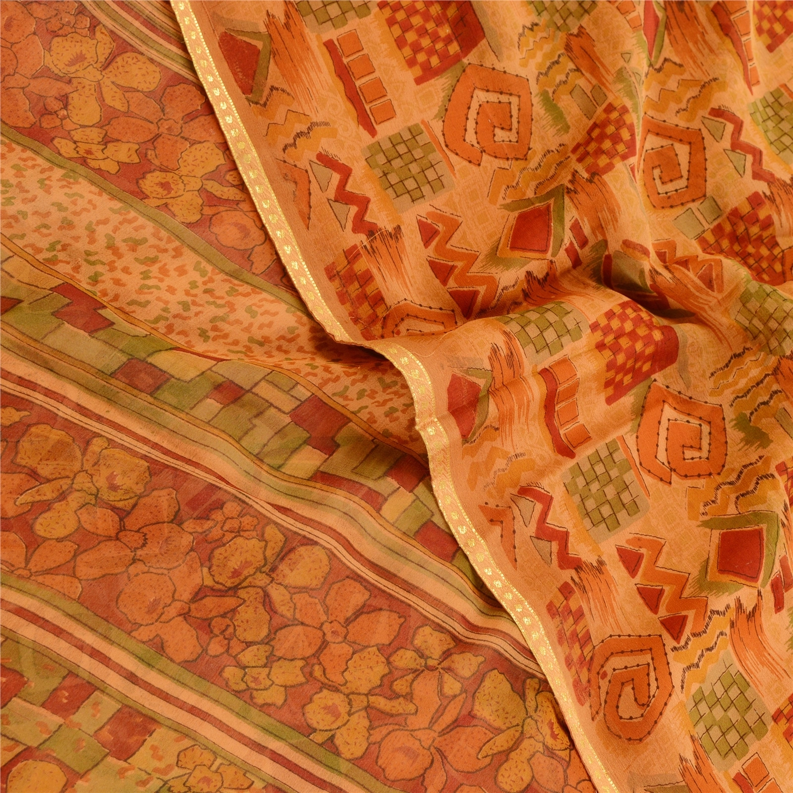 Sanskriti Vintage Orange Indian Sarees Pure Georgette Silk Sari 5Yd Craft Fabric, PRG-10861-Orange-Printed Floral Design-Pure Georgette Silk-1