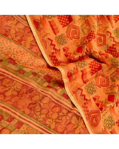 Sanskriti Vintage Orange Indian Sarees Pure Georgette Silk Sari 5Yd Craft Fabric, PRG-10861-Orange-Printed Floral Design-Pure Georgette Silk-1