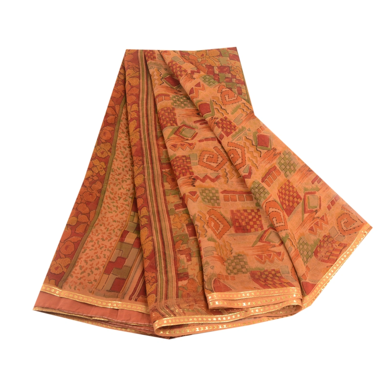 Sanskriti Vintage Orange Indian Sarees Pure Georgette Silk Sari 5Yd Craft Fabric, PRG-10861-Orange-Printed Floral Design-Pure Georgette Silk-2