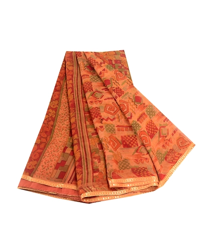Sanskriti Vintage Orange Indian Sarees Pure Georgette Silk Sari 5Yd Craft Fabric, PRG-10861-Orange-Printed Floral Design-Pure Georgette Silk-2
