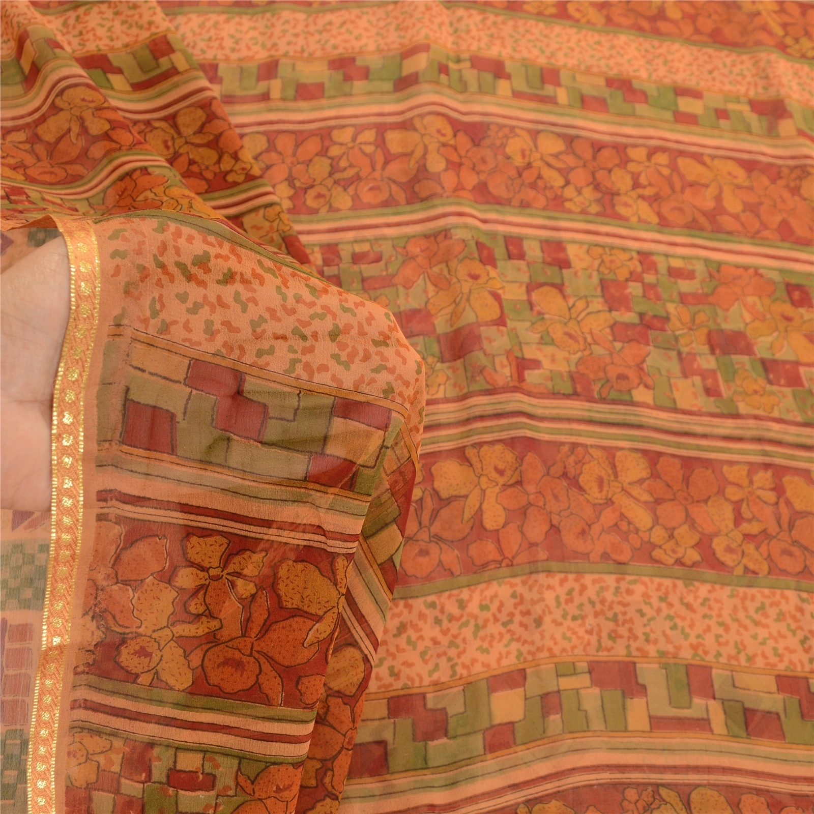 Sanskriti Vintage Orange Indian Sarees Pure Georgette Silk Sari 5Yd Craft Fabric, PRG-10861-Orange-Printed Floral Design-Pure Georgette Silk-4