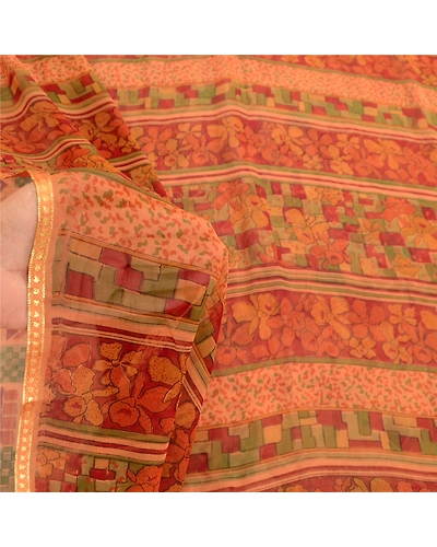 Sanskriti Vintage Orange Indian Sarees Pure Georgette Silk Sari 5Yd Craft Fabric, PRG-10861-Orange-Printed Floral Design-Pure Georgette Silk-4