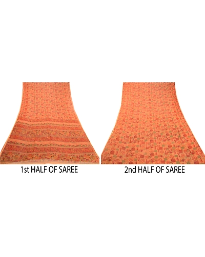 Sanskriti Vintage Orange Indian Sarees Pure Georgette Silk Sari 5Yd Craft Fabric, PRG-10861-Orange-Printed Floral Design-Pure Georgette Silk-5