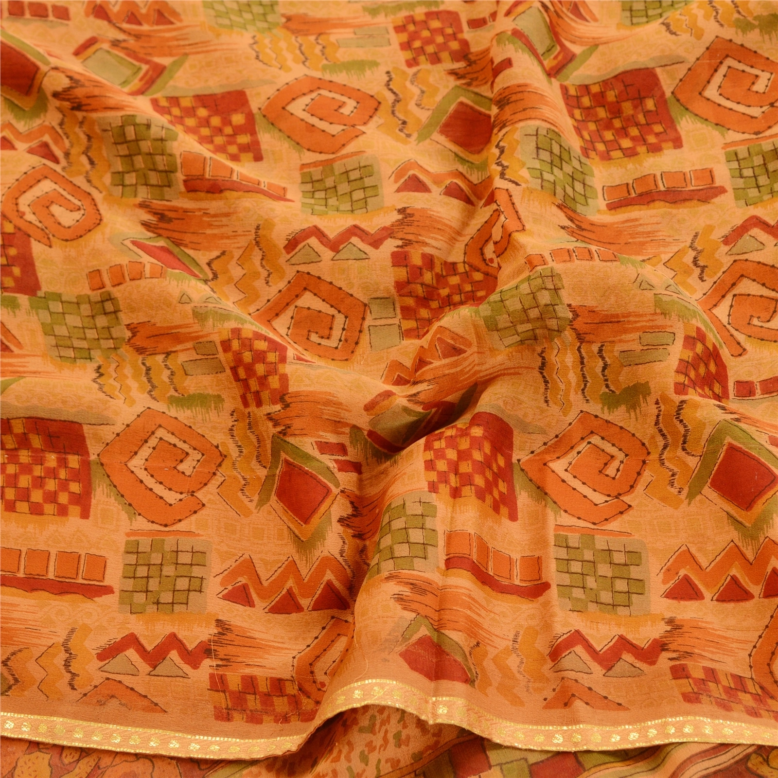 Sanskriti Vintage Orange Indian Sarees Pure Georgette Silk Sari 5Yd Craft Fabric, PRG-10861-Orange-Printed Floral Design-Pure Georgette Silk-6